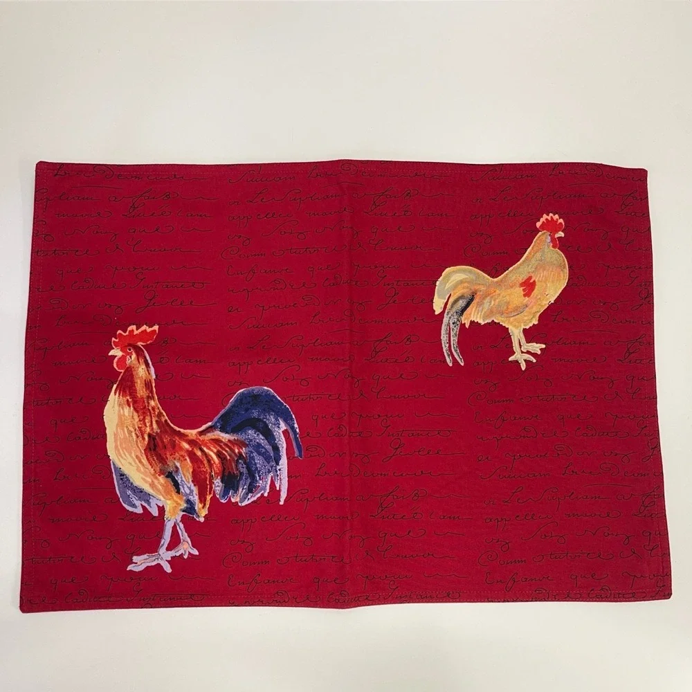 4 Williams Sonoma Placemats Rooster‎ French Script Cotton Cottage Farm Country